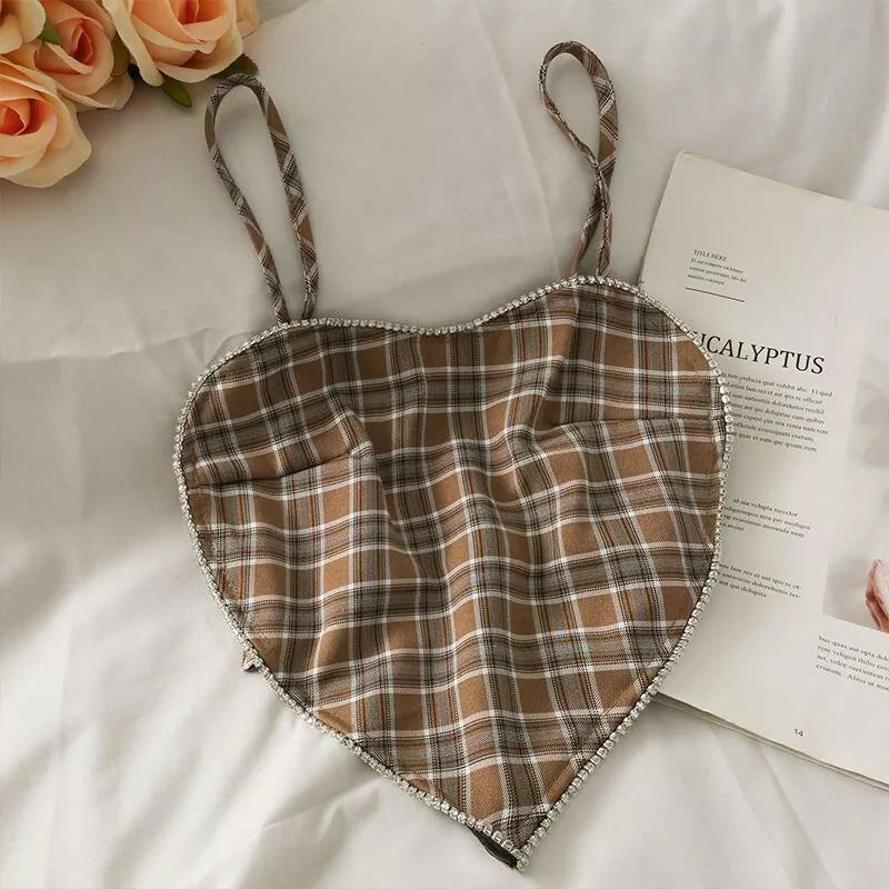 Summer Heart Shaped Camisole Crop Top Women Ringstones Plaid Spaghetti Straps Elastic Back Tank Tops Summer Heart Shaped Camisole Crop Top Women Ringstones Plaid Spaghetti Straps Elastic Back Tank Tops